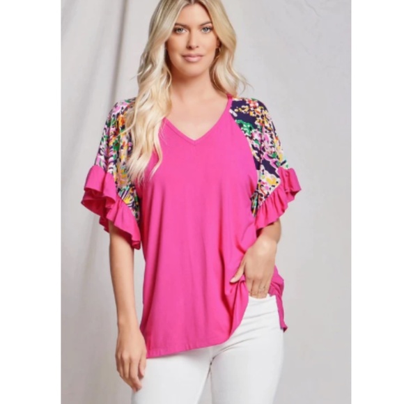 "The Kimmi" Pink Ruffle Cuff Floral Sleeve V Neck Top - Picture 3 of 4